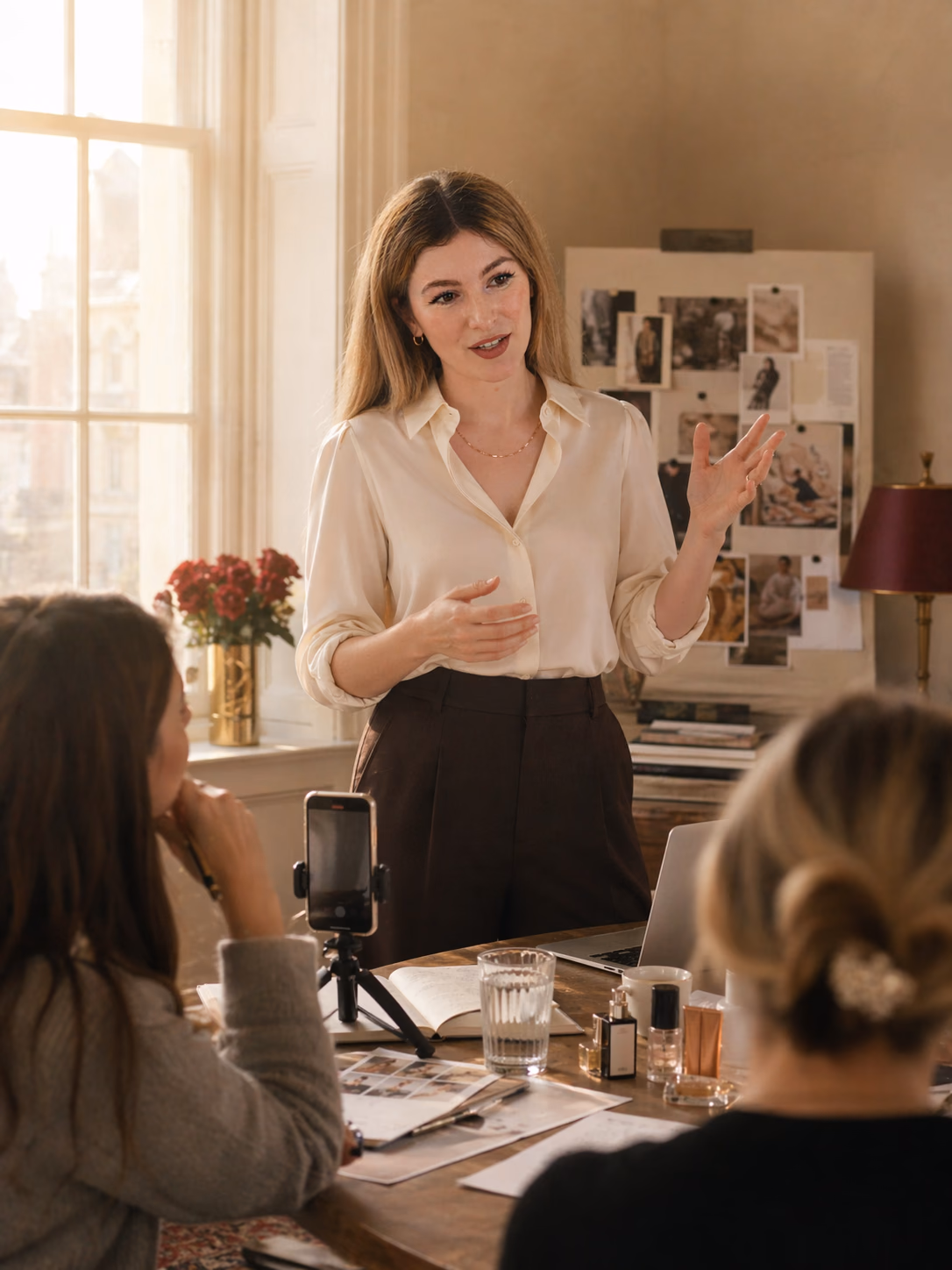 Intimate training session — students learning content strategy in a beauty curriculum.